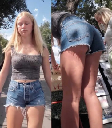 Blonde teen creepshot in denim shorts