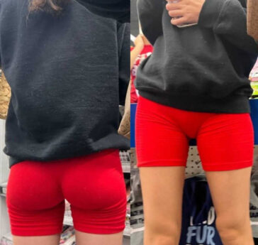 Red shorts teen creepshot skinny body