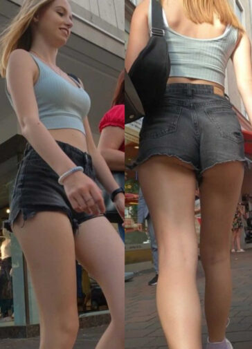 Hot blonde teen in denim shorts creepshot