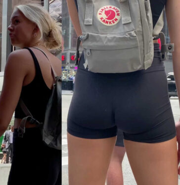 Slim body blonde teen in black shorts