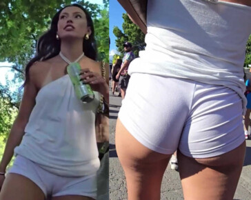 Sexy jiggly cheeky babe in white shorts