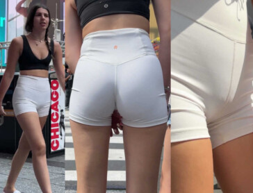 Tourist teen in white shorts cameltoe