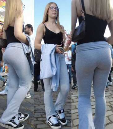 Nerdy blonde in cheap leggings